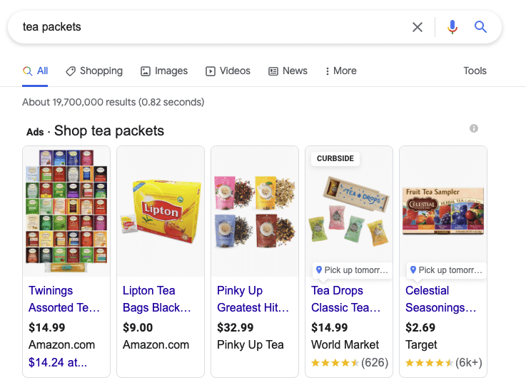 google shopping ads of tea bags